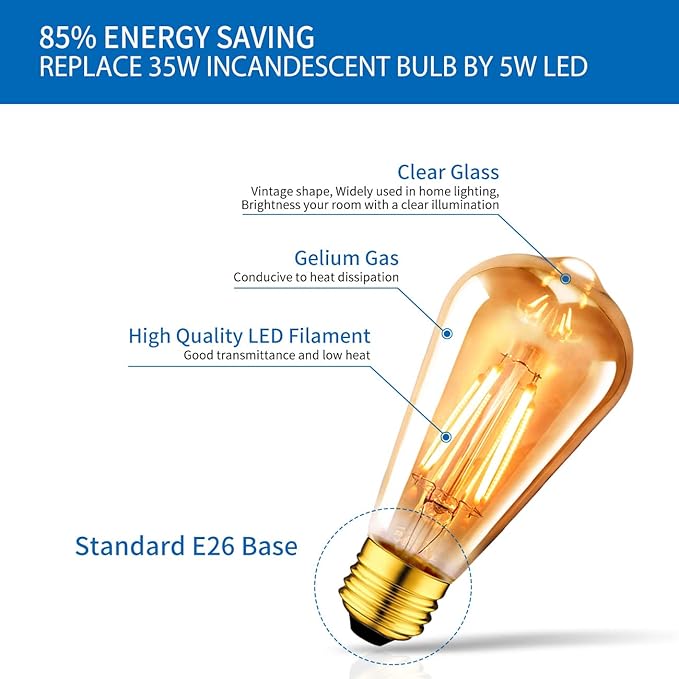 ANWIO Vintage Edison Light Bulb ST21 LED Filament Bulb 4W(35 Watt Equivalent) Non-Dimmable 2500K (Amber Glow) Warm White E26 Medium Base, Amber Glass Cover,6 Pack