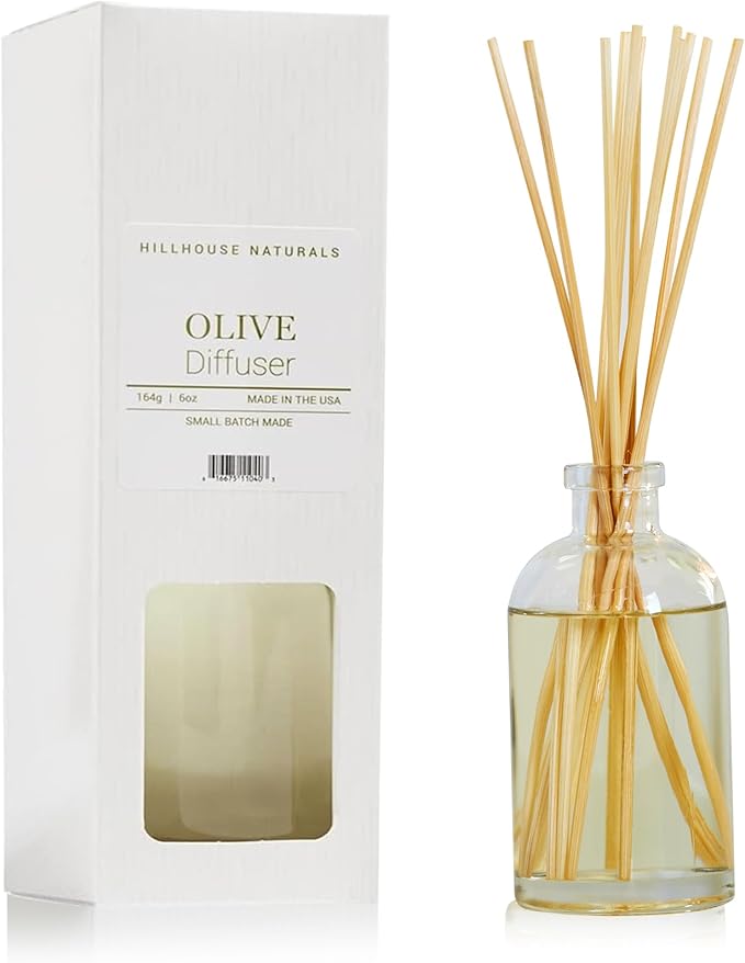 Hillhouse Naturals Reed Diffuser Set - Olive Scent Diffuser - Reed Diffusers for Home with Long Lasting Fragrance – 6 oz Oil – Diffuse Time 4-6 Months – Made in The USA