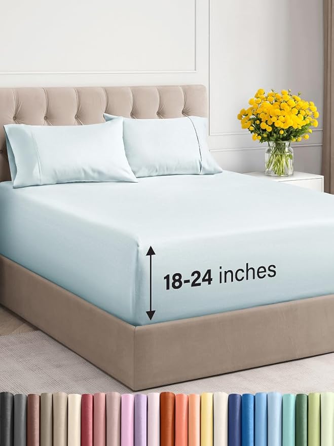 Extra Deep Twin Sheet Set - 4 Piece Breathable & Cooling Sheets - Hotel Luxury Bed Sheets Set - Easy & Secure Fit - Soft, Wrinkle Free & Comfy Sheets Set - Ice Blue Sheet Set with Extra Deep Pockets
