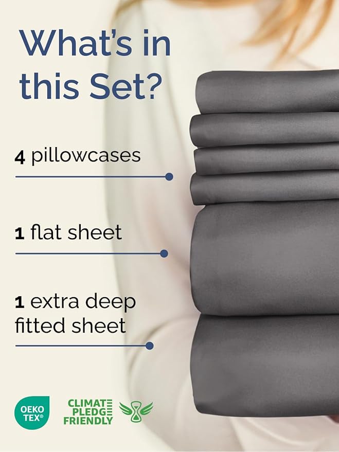 Extra Deep Full Sheet Set - 6 Piece Breathable and Cooling Sheets - Hotel Luxury Bed Sheets Set - Easy & Secure Fit - Soft, Wrinkle Free and Comfy Sheets Set - Grey Sheet Set with Extra Deep Pockets