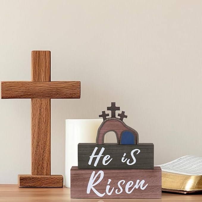 Easter Decorations, MEETYAMOR 3-Layered He is Risen Sign Cross Gifts Wood Block Easter Decor, Empty Tomb Scene Decorations Indoor for Home, Living Room, Tables, Mantel