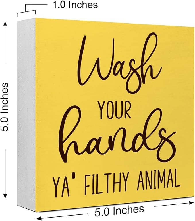 LVQHI Funny Bathroom Wood Block Signs,Wash Your Hands YA' Filthy Animal Wooden Box Sign for Bathroom Shelf Toilet Restroom Home Tabletop Desk Decor,Rustic Bathroom Sign Decor Yellow