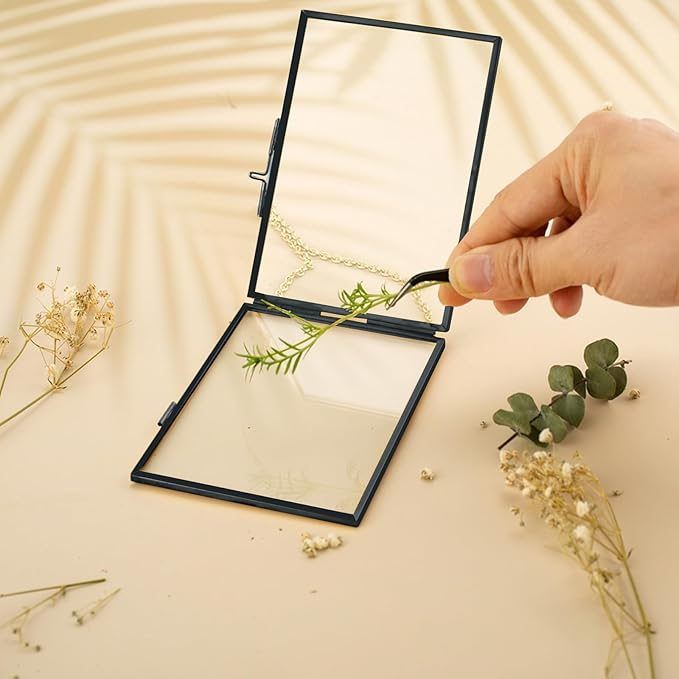 FOCHIER F 5 Pcs Pressed Flower Frames with Tweezers, Wall Hanging Tabletop Display Double Glass Frames with Metal Chain for Pressed Dried Flowers Plants, Horizontal and Vertical Picture Frame, Black