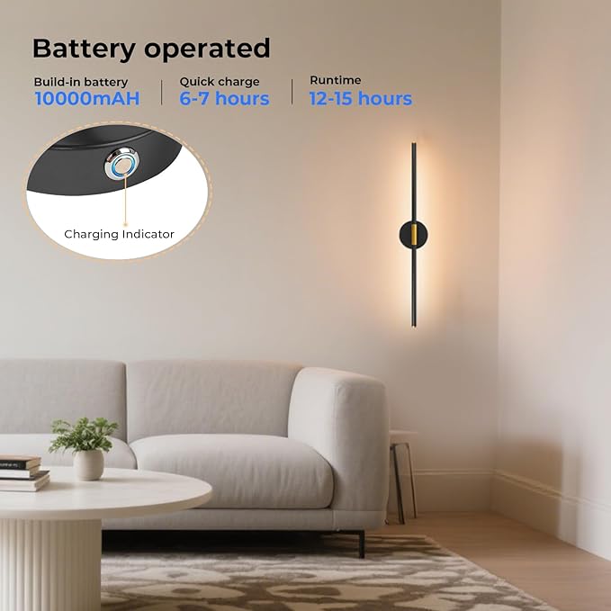 28" Battery Operated Wall Sconce, 360°Rotation Wireless Rechargeable Wall Lights with Remote Control, 3000K-6500K LED Detachable Wall Lamp for Bedroom, Hallway, Background Wall, Black Gold