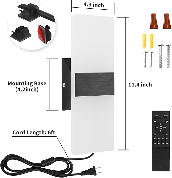 4 Pack Plug in Wall Sconces with Remote Control, Dimmable, Adjustable 3000K-6500K Colors, Black 12W Acrylic LED Plug in Wall Light, Wall Lamps for Bedroom Living Room Hallway Stair