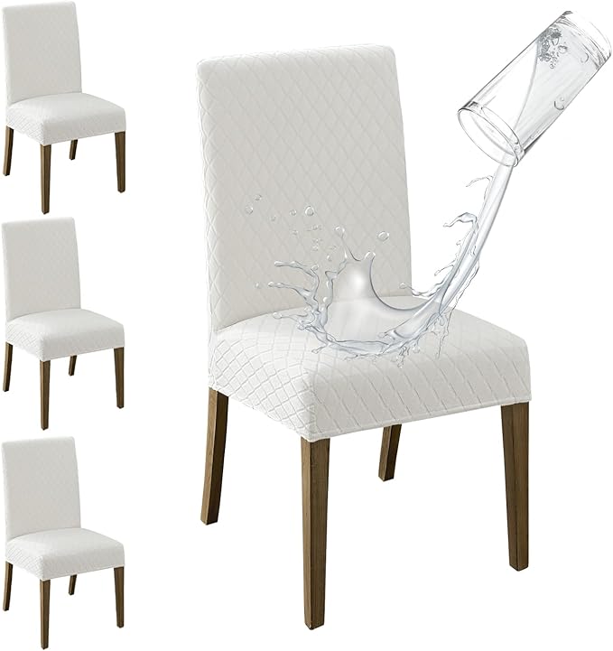 MOSAYT 100% Waterproof Dining Room Chair Covers Set of 4, Super Fit Stretch Jacquard Parson Chairs Slipcovers Removable Washable Chair Seat Protectors for Home, Kitchen, Banquet (White)