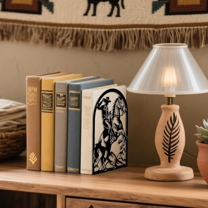 Peacoblue Metal Bookends for Shelves, Modern Decorative Heavy Duty Study Book Ends Stoppers for Office, Desk, Shelf, Room 5.3"x4.3"x7.9" Cast Iron Simple Tall Bookends 1 Pair (Cowboy Horse Riding)