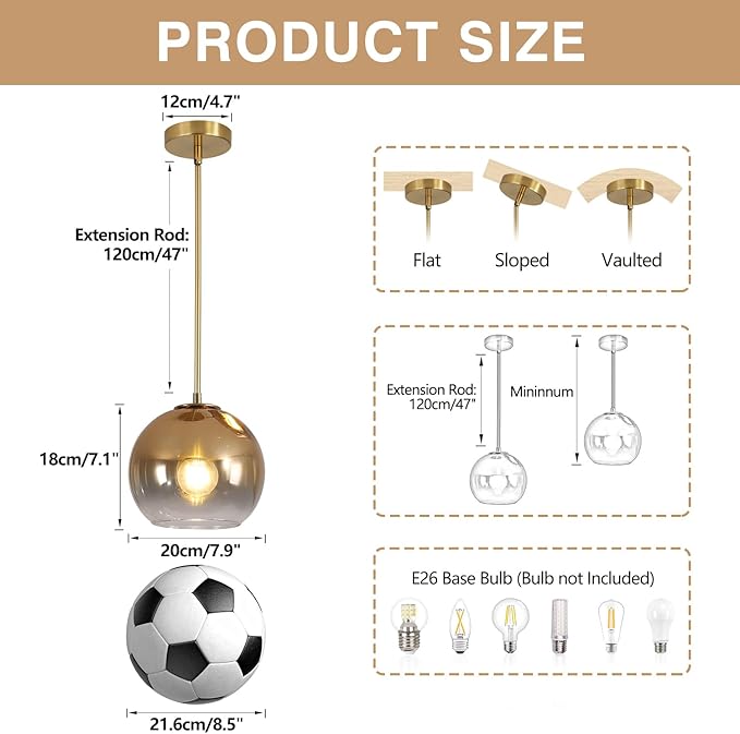 KCO Lighting Globe Pendant Lights Gradient Gold Glass Pendant Light Modern Kitchen Island Lighting Vintage Hanging Light Fixture Mid Century Hanging Lamp