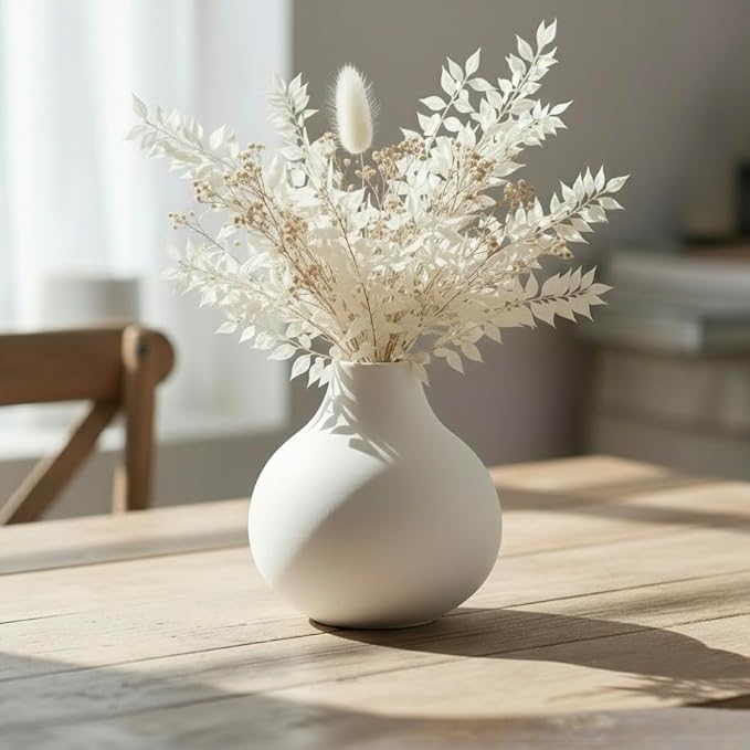 Carrot's Den White Round Vase - Minimalist Nordic, Japandi, Mid Century Modern Home Decor | Table Centerpiece, Wedding, Living Room, Bookshelf, Office, Modern Home, Entryway, Console (White)