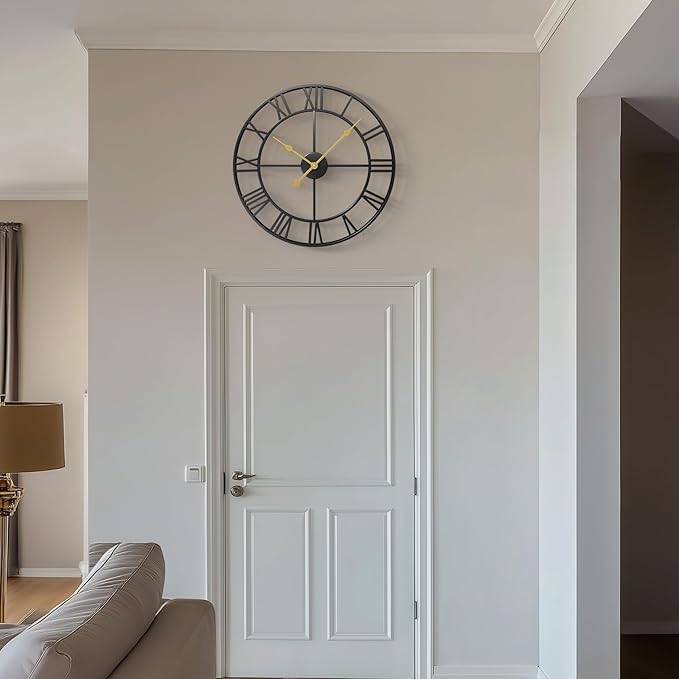 Cuspin 24 Inch Wall Clock Black, Large Decorative Wall Clocks for Living Room, Modern Metal Round Clocks Battery-Operated Completely Silent Non Ticking Roman Number