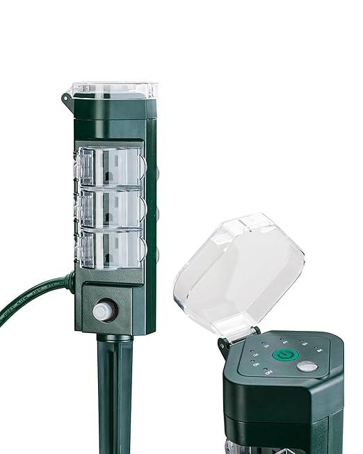 HBN Outdoor Power Strip Timer with Photocell, Countdown Yard Stake(2, 4, 6, 8 Hour),Outside Lights Timer Dusk to Dawn,Weatherproof Extension Cord for Halloween/Christmas Decoration Lights, 6 Outlets