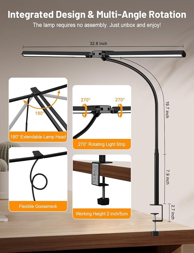 Computer Desk Lamp with Clamp for Home Office, Eye-Caring Architect Lamp, Dimmable Table Clip Lamp for Dual Screen Computer Monitor, Adjustable Color Lighting Mode LED Monitor Light