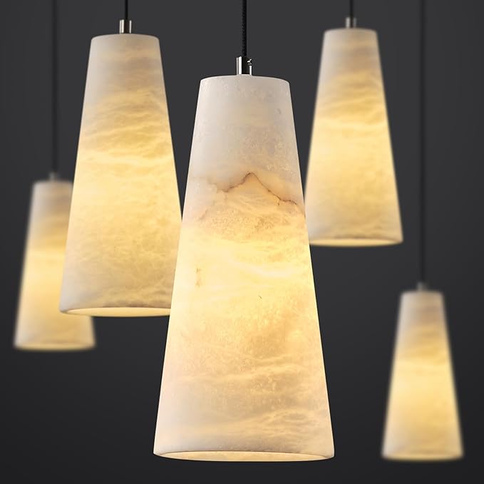 Alabaster Pendant Lights Kitchen Island,White Pendant Light, Marble Shade Black Cone Lighting Fixtures for Bedroom Bathroom Dining Room Living Room H-10in (Bulbs INCL)