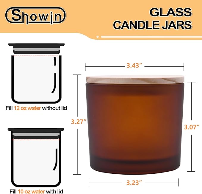 SHOWIN 12 OZ Thick Candle Jars for Making Candles 6 Pcs, Empty Amber Jars with Wood Lids for Spice Jars, Sample Container, Frosted Brown