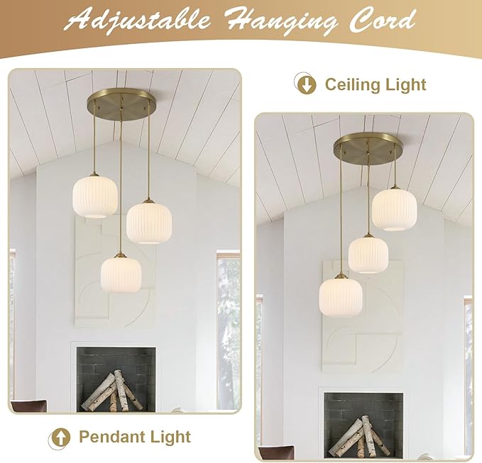 KCO Lighting Large 3 Light Cluster Chandelier Gold Globe Pendant Lights Kitchen Island White Ribbed Glass Ceiling Pendant Light Antique Brass Chandeliers for Dining Room