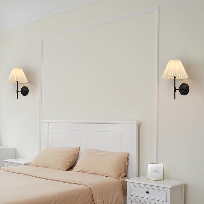 GLOBE Electric 1-Light Wall Sconce, Matte Black, White Pleated Fabric Shade, E12 Base Socket, Candelabra Bulb, Living Room Lighting, Home Essentials, Décor, Bedroom, Mounted Bedside Lamp