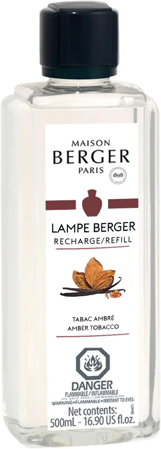 MAISON BERGER Amber Tobacco Lampe Berger Refill, 500 ml (16.9 fl oz), Odor-Neutralizing Home Fragrance Oil Lamps, Black Pepper, Apple, Patchouli, Cedarwood, Amber, Made in France