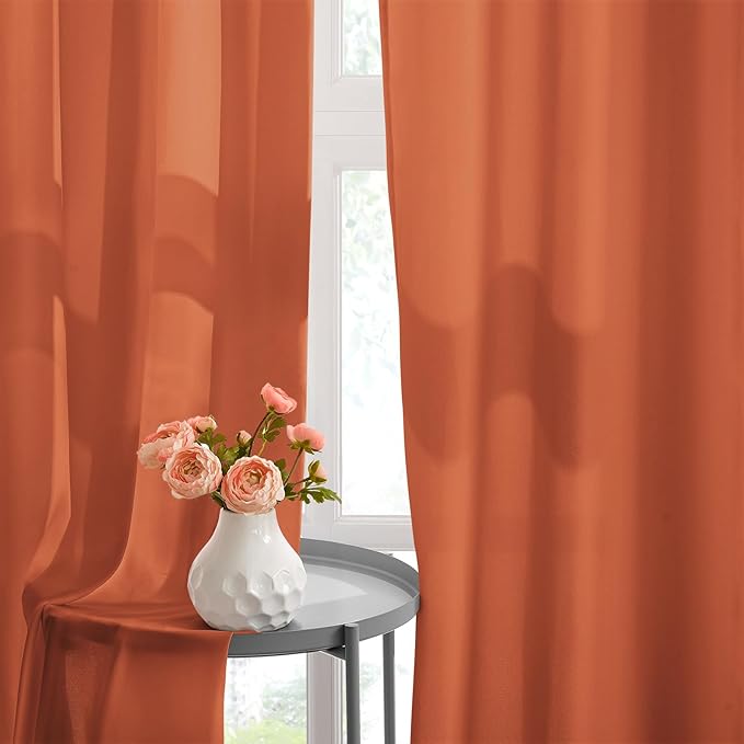 HOMEIDEAS Non-See-Through Fall Burnt Orange Privacy Kitchen Sheer Curtains 24 Inches Long 2 Panels Set Light Filtering Curtains for Living Room Bedroom Drapes,W30xL24