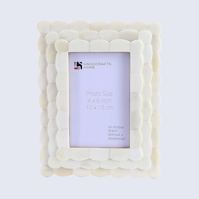 Handicrafts Home Scalloped Art Inspired Bone Inlay Handmade 4x6 Picture Frame - Small Photo Frame for Wall Hanging, Desk Decor & Living Room Wall Decor - Farmhouse & Home Decor Gift Frame, White