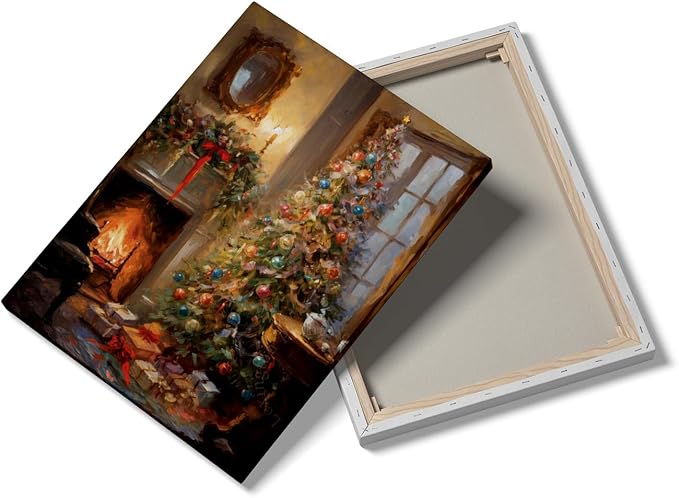 Vintage Cottagecore Christmas Tree Art, Oil Paint Living Room Wall Art, 16x24inch Framed Print