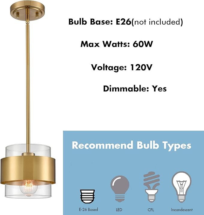 CLAXY Glass Pendant Light Mini Gold Hanging Pendant Lighting Clear Cyliner Shade for Kitchen Sink Dining Bathroom, Adjustable Hanging Rods