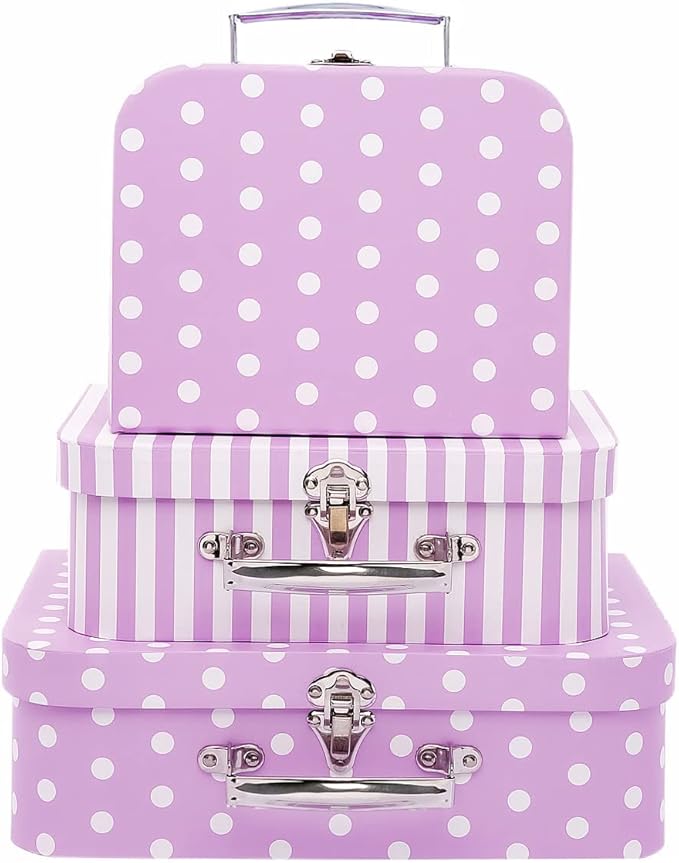 Paperboard Suitcases Set of 3, Cute Storage Box Nesting Gift Boxes with Lids for Christmas New Year, Wedding Birthday Party Home Decor, Mini Suitcase Favor Box (Purple Dots and Strips)