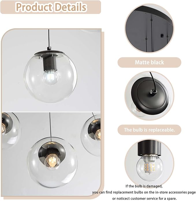 3-Light Small Chandelier LED Modern Glass Globe Pendant Light Chandeliers for Entryway Lighting Fixture Bedroom and Dining Room