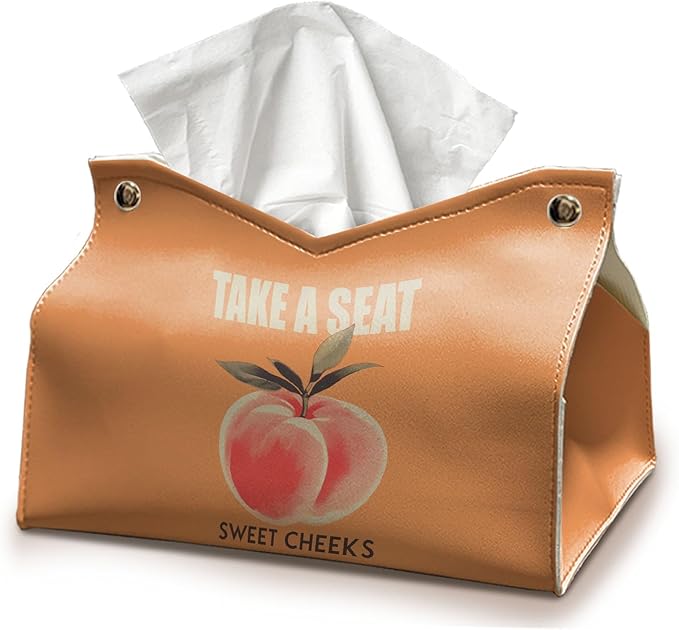 Funny Peach Tissue Box Cover Rectangle, Orange Tissue Box Holder for Bathroom, Take A Seat Sweet Cheeks PU Facial Paper Case, Funny Bathroom Decor Gifts for Women Funky Organizer Holder 9.8x5.9x5.9