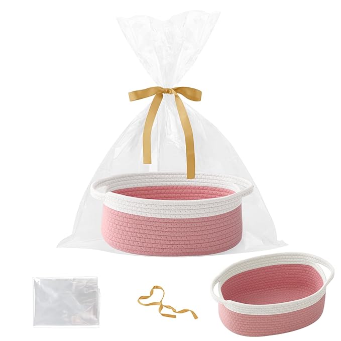 Small Woven Rope Basket-Empty Gifts Basket with Bag and Ribbons,Cute Handle Organizer Box for Birthday/Baby Shower, Toy Storage, Nursery Organizing & Shelf Decor(White&Pink)
