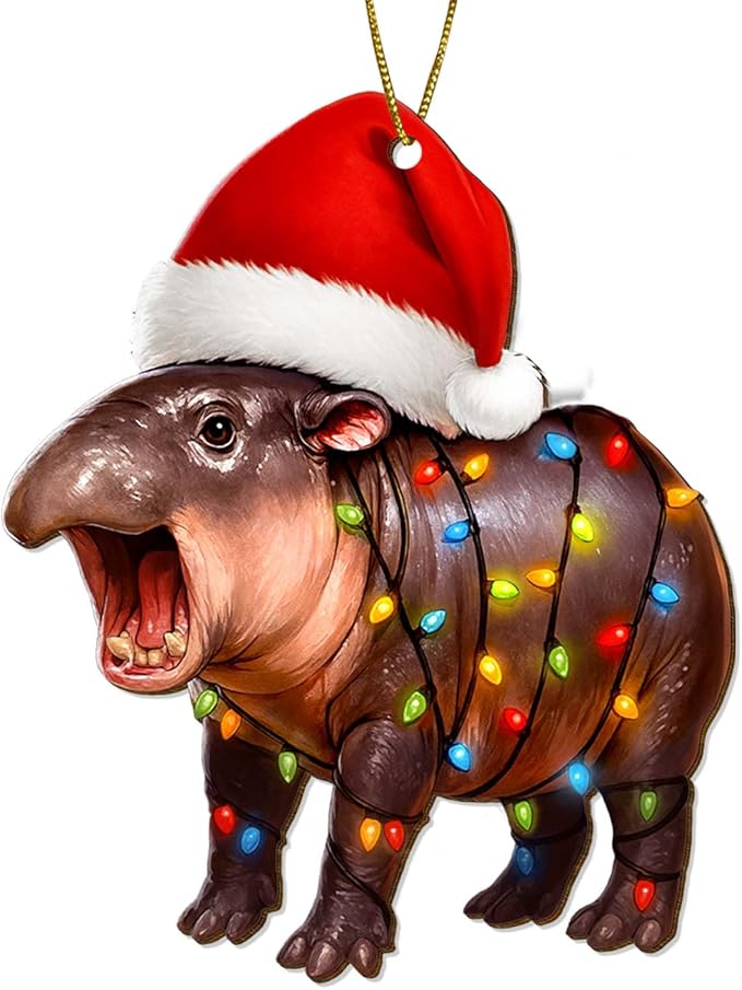 Moo Deng Ornament – Wooden Christmas Tree Decor 2025, Funny Lucky Hippo Keepsake Gift for Thai Culture Fans and Pet Lovers