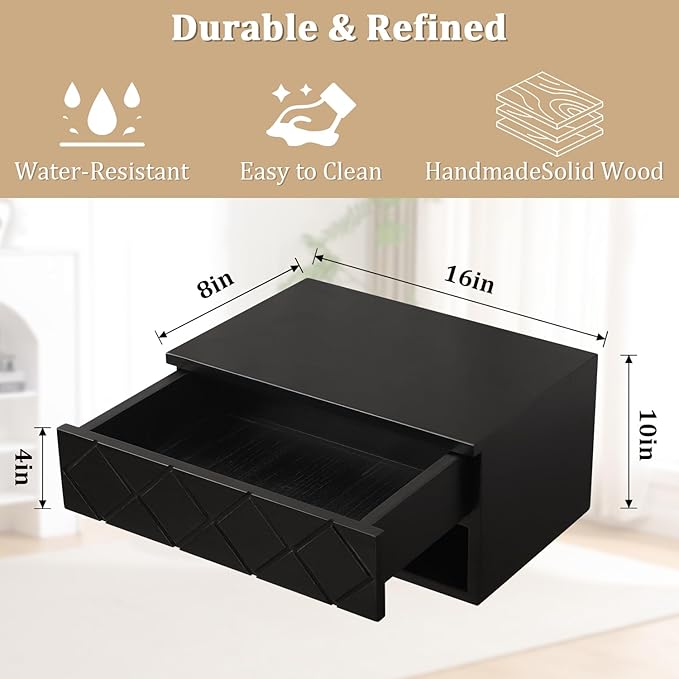 Floating Nightstand, Small Modern Floating Nightstand with Drawer, Floating Shelves for Bedroom, Bathroom Minimalist and Unique Style 16”x 10”x 8”Black