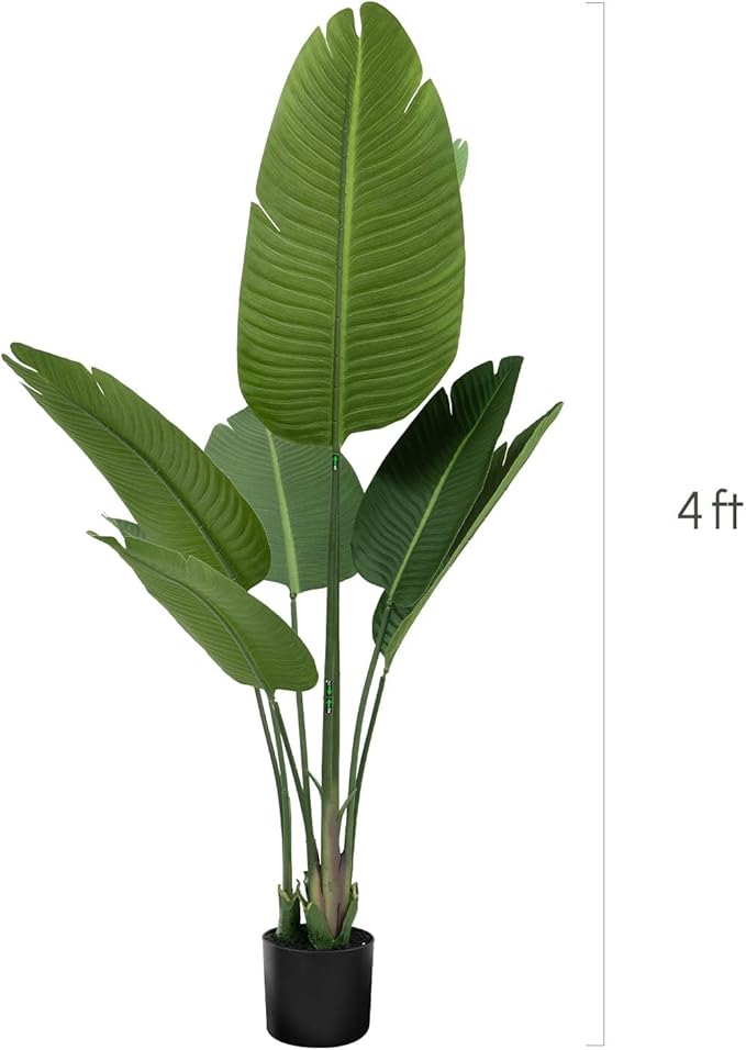 Artificial Travelers Palm Tree 4ft - Faux Tree Nearly Natural Indoor Outdoor, UV-Resistant Tall Artificial Plants, Standing Fake Plant, Bird of Paradise for Home Office Living Room Decor