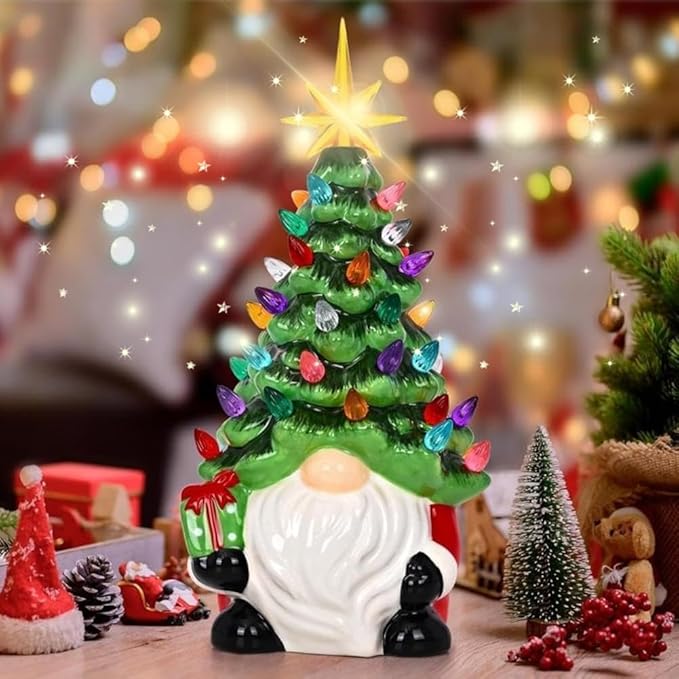 Glowing Gnome Christmas Decorations - Mini Ceramic Christmas Tree 31 Multicolored Lighted - Small Pre-Assembled Lights Perfect for Table, Windowsill Living Room Fireplace Office Holiday Decor