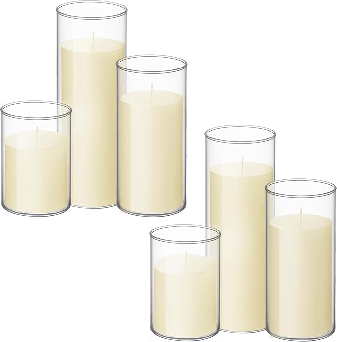 Shihanee Set of 6 Pillar Candles with Glass Cylinder Vases Clear Cylinder Hurricane Candleholders for Slim Tall Pillar Candles Wedding Thanksgiving Day Centerpieces(3'' X 5.9", 7.9", 9.8",Ivory)