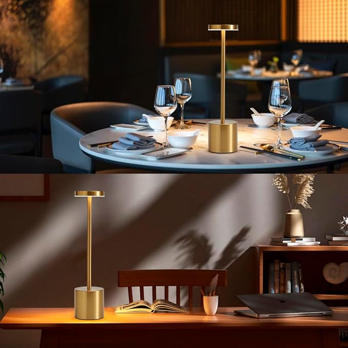 2 Pack LED Cordless Table Lamp, Portable 5000mAh Rechargeable Bedside Lamp, Touch Control Outdoor Table Lamps, 3 Color Dimmable Battery Operated Lamps for Bedroom//Restaurant/ Patio/ Outdoor - Gold