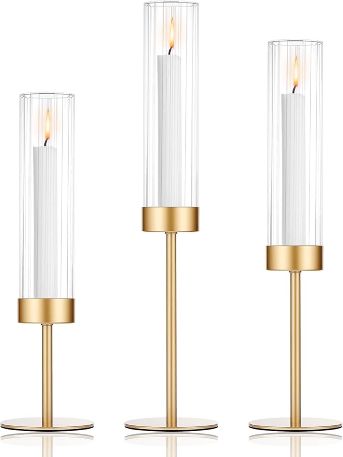 Tall Candle Holders Set of 3, Hurricane Glass Taper Candlestick Holders for Wedding, Christmas Decor, Dining Table, Party Centerpieces
