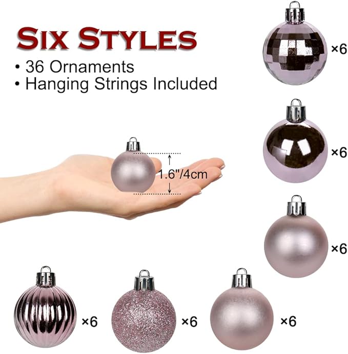 1.57" Pink Christmas Ornaments for Christmas Tree 36 Pcs Mini Shatterproof Balls Christmas Tree Decorations Small Xmas Ornaments Balls with Hanging Loop for Wedding Holiday Party Wreath Home Decor