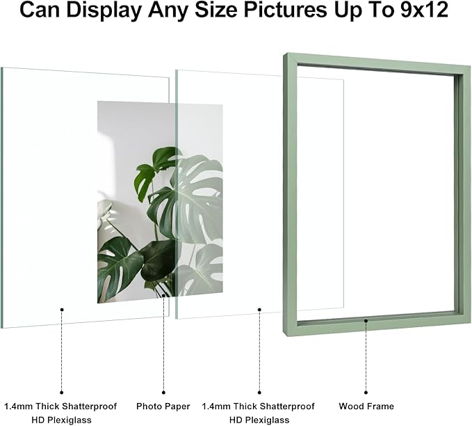 Egofine 9x12 Floating Frames Set of 2, Double Plexiglass Picture Frame, Made of Solid Wood Display Any Size Photo up to 9x12, Wall Mount or Tabletop Standing, Green