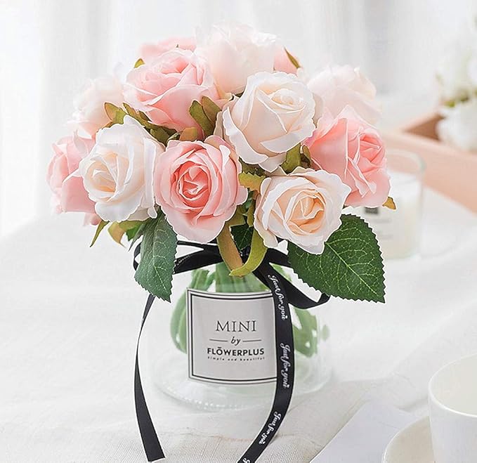 Jasion Artificial Roses Flowers 12 Heads Arrangement Silk Bouquet for Home Office Parties Bridal and Wedding Decoration (Pink with Champagne)