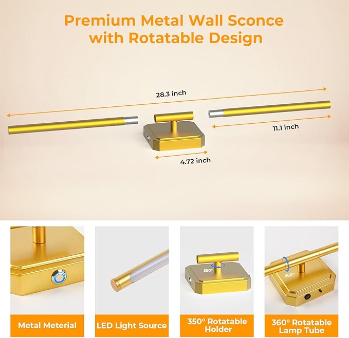 1 Pack Battery Operated Wall Sconce Detachable 360°Rotate, Wireless Wall Lamp 3000-6500K Dimmable, 10000mAh Rechargeable Wall Light for Bedroom, Living Room，28" Gold