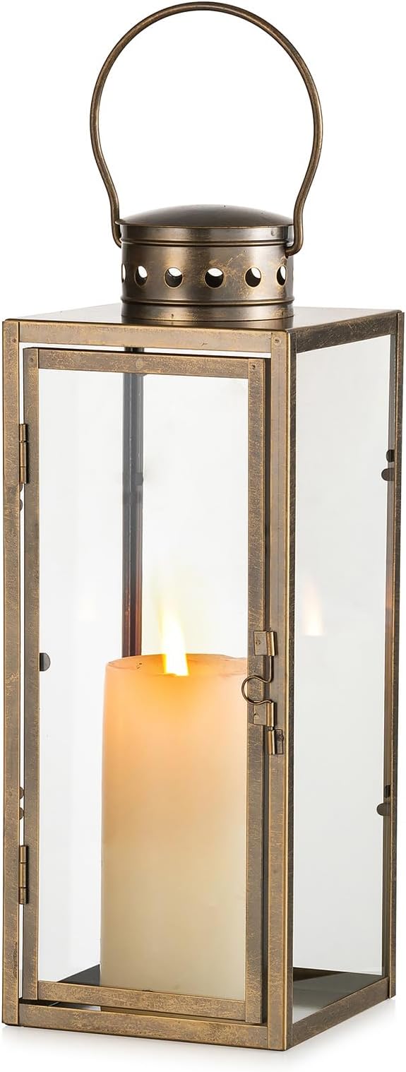 NUPTIO Large Lanterns Decorative Outdoor: 13.8 inches Tall Rustic Floor Metal Lantern with Glass - Vintage Gold Candle Holder for Wedding Christmas Fireplace Table Porch Door Garden