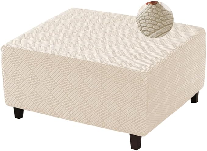 Square Ottoman Cover Large Stretch Storage Ottoman Bench Covers Slipcovers Cube Jacquard Covers for Square Ottomans Coffee Table Footrest Stool Cover with Elastic Bottom S Beige