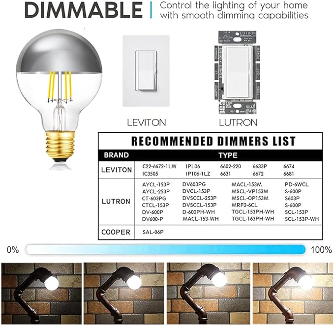 XININSUN Dimmable Half Chrome Light Bulb,6W (60W Eqv.), Anti Glare LED Light Bulbs,G25 Globe Light Bulbs,E26 G80 Silver Dipped Bulb for Bathroom, Vanity, Mirror,4000K Daylight,4Pcs