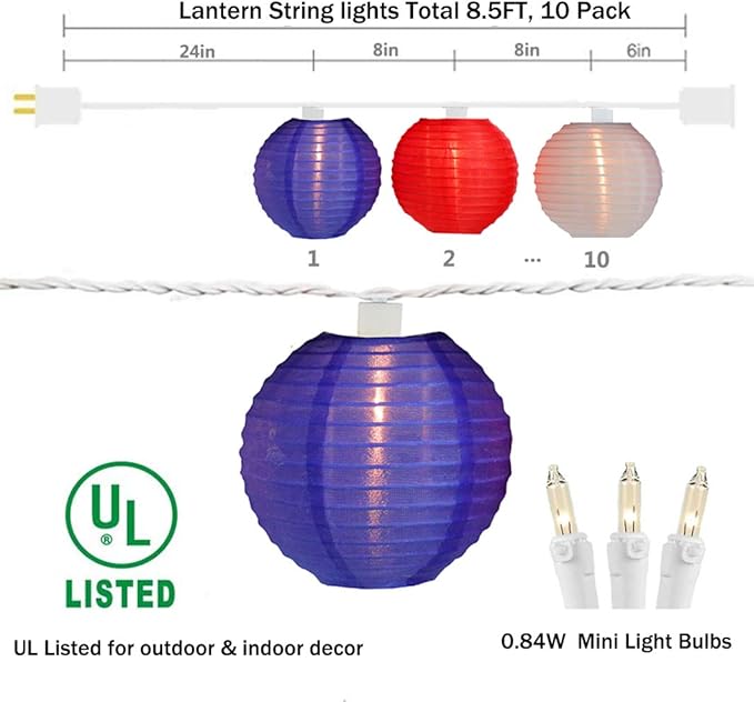 8.5Ft Red White Blue Lantern String Lights, 4th of July Decor Lights with 10 Red White Blue Lanterns Light Connectable Patriotic Outdoor Lanterns Light for Independence Day President Memorial Day
