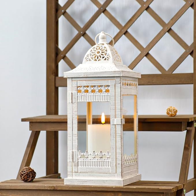 JHY DESIGN Decorative Candle Lanterns 14.5" High Vintage Style Hanging Lantern Metal Candleholder for Indoor Outdoor Events Parties and Weddings（Beige with Gold Brush）