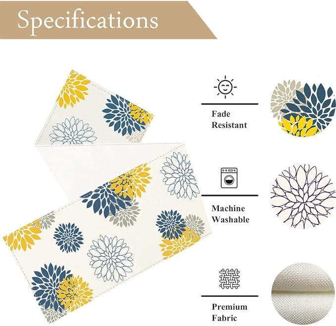 Blue Yellow Gray Table Runner Dahlia Pinnata Flower Beige Table Runners Modern Elegant Pompon Farmhouse Geometric Coffee Table Center Decor for Home Kitchen Dining Party 13 x 36 Inch