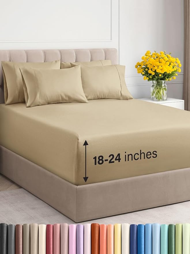 Extra Deep Cal King Sheet Set - 6 Piece Breathable & Cooling Sheets - Hotel Luxury Bed Sheets Set - Easy & Secure Fit - Soft, Wrinkle Free & Comfy Sheets Set - Beige Sheet Set with Extra Deep Pockets