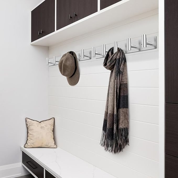 Coat Rack Wall Mount - 5 Hat and Coat Hooks, Heavy Duty Towel Racks for Bathroom Entryway, Wall Hooks for Hanging Robes Bags Scarves Belts, Hat Rack Key Hanger Organizer (Silver)