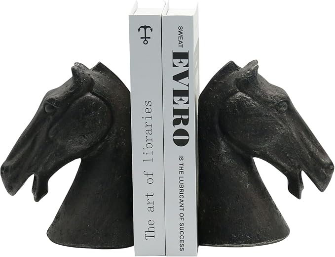 Lukitas Horse Head Decorative Bookends - Heavy Duty Non-Slip Book Holders, Modern Equestrian Ornaments for Office Home Bookshelf Decor, Black, Resin 7.5''