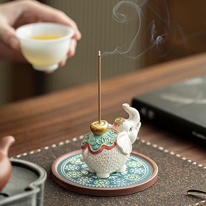 1pcs Lucky Elephant Incense Holder, Handcrafted Ceramic Incense Burner for Good Luck & Wish Fulfillment, Chinese Zen Style Home Decor for Desk, Altar & Tea Table